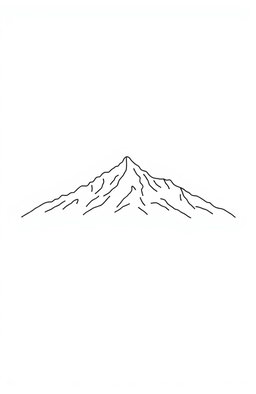 A minimalistic one-line drawing of a majestic mountain range, characterized by its smooth lines and elegant curves, set against a pure white background to emphasize the simplicity and beauty of the design