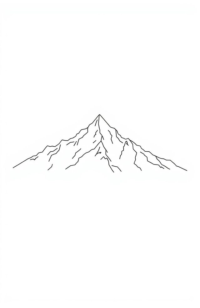 A minimalistic one-line drawing of a majestic mountain range, characterized by its smooth lines and elegant curves, set against a pure white background to emphasize the simplicity and beauty of the design