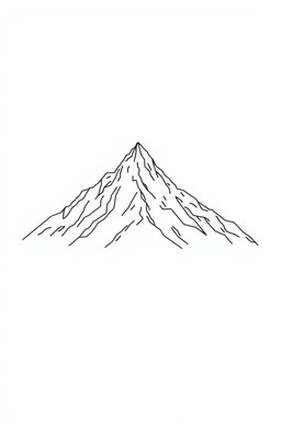 A minimalistic one-line drawing of a majestic mountain range, characterized by its smooth lines and elegant curves, set against a pure white background to emphasize the simplicity and beauty of the design