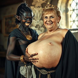 In a medieval brothel illuminated by daylight, a very short, malnourished 20-year-old African woman with deep black skin and reddish eyes stands, wearing a long, fully closed black cloak that emphasizes her frail figure
