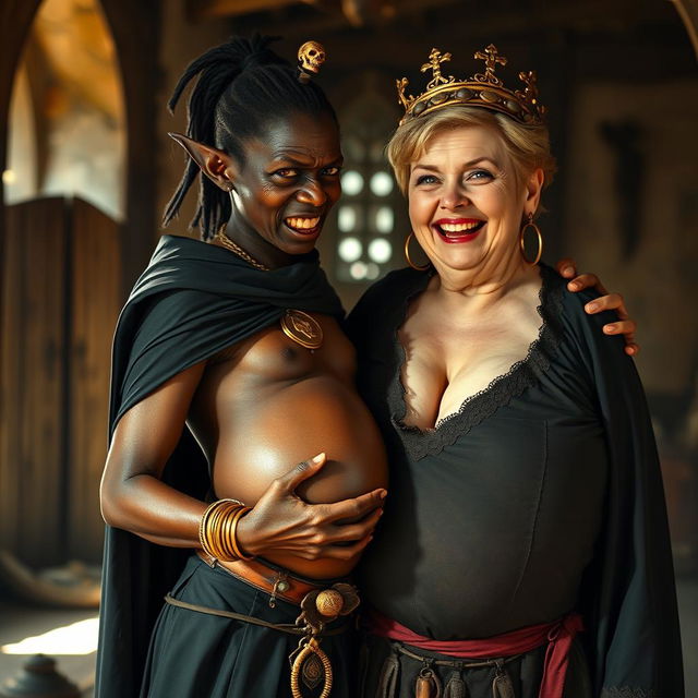 In a medieval brothel illuminated by daylight, a very short, malnourished 20-year-old African woman with deep black skin and reddish eyes stands, wearing a long, fully closed black cloak that emphasizes her frail figure