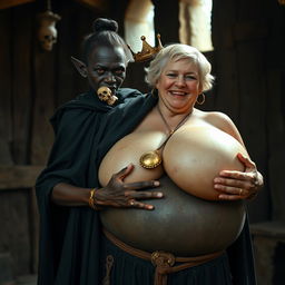 In a medieval brothel illuminated by daylight, a very short, malnourished 20-year-old African woman with deep black skin and reddish eyes stands, wearing a long, fully closed black cloak that emphasizes her frail figure