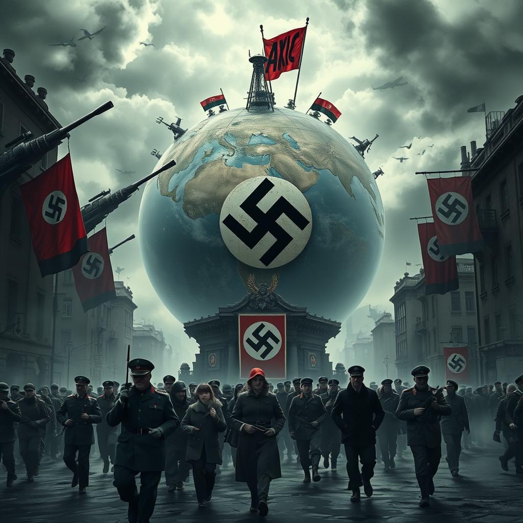 A world depicting the aftermath of an Axis victory in World War II, featuring a dystopian landscape with powerful imagery representing totalitarian regimes