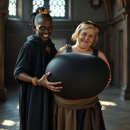 In a bright daylight setting within a medieval palace room, a very short, malnourished 20-year-old African woman with deep black skin and reddish eyes stands, her expression filled with intense anger