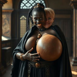 In a bright daylight setting within a medieval palace room, a very short, malnourished 20-year-old African woman with deep black skin and reddish eyes stands, her expression filled with intense anger