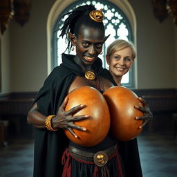 In a bright daylight setting within a medieval palace room, a very short, malnourished 20-year-old African woman with deep black skin and reddish eyes stands, her expression filled with intense anger