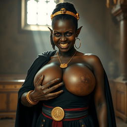 In a bright daylight setting within a medieval palace room, a very short, malnourished 20-year-old African woman with deep black skin and reddish eyes stands, her expression filled with intense anger