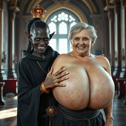 In a majestic medieval palace room filled with daylight, a very short, malnourished 20-year-old African woman with deep black skin and reddish eyes stands, her face marked by intense anger