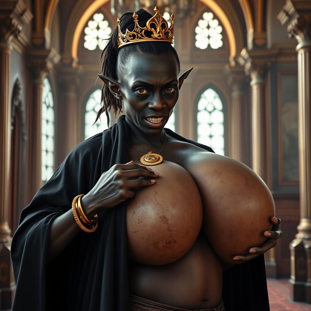 In a majestic medieval palace room filled with daylight, a very short, malnourished 20-year-old African woman with deep black skin and reddish eyes stands, her face marked by intense anger