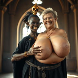 In a sunlit room of a medieval palace, a very short and malnourished 20-year-old African woman with deep black skin and reddish eyes stands, full of intense anger