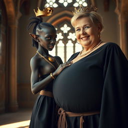 In a sunlit room of a medieval palace, a very short and malnourished 20-year-old African woman with deep black skin and reddish eyes stands, full of intense anger