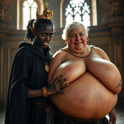 In a sunlit room of a medieval palace, a very short and malnourished 20-year-old African woman with deep black skin and reddish eyes stands, full of intense anger