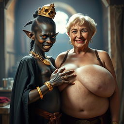 In a brightly lit medieval brothel room, a very short and malnourished 20-year-old African woman with deep black skin and reddish eyes stands, her expression filled with intense anger