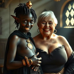 In a sunlit medieval brothel room, a very short, malnourished 20-year-old African woman with deep black skin and reddish eyes stands, her expression filled with intense anger