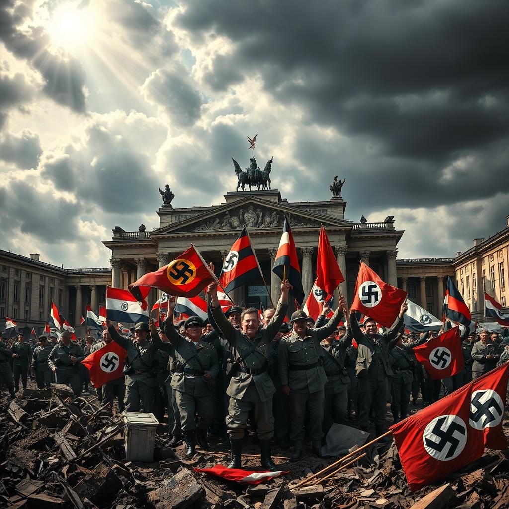 A dramatic and poignant scene representing the fall of Nazi Germany, showcasing the chaos and emotion of the time