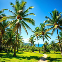 A picturesque tropical landscape featuring a serene coconut tree plantation