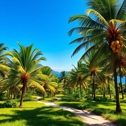 A picturesque tropical landscape featuring a serene coconut tree plantation