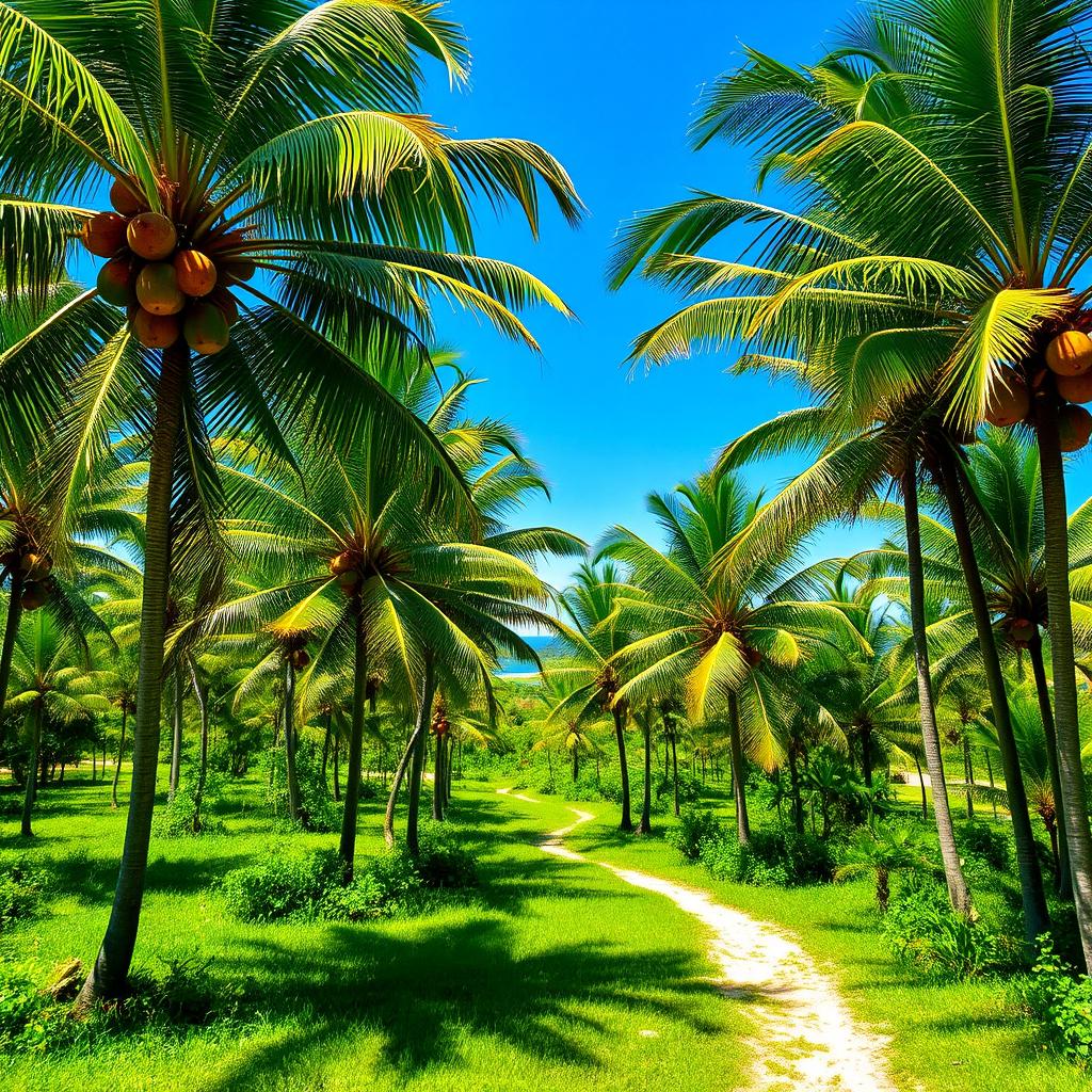 A picturesque tropical landscape featuring a serene coconut tree plantation