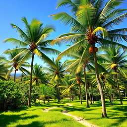 A picturesque tropical landscape featuring a serene coconut tree plantation