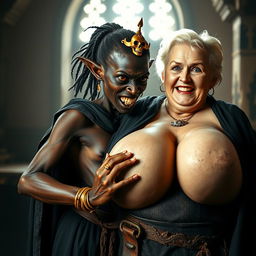 In a brightly lit medieval brothel room, a very short and malnourished 20-year-old African woman with deep black skin and reddish eyes stands, her expression filled with intense anger