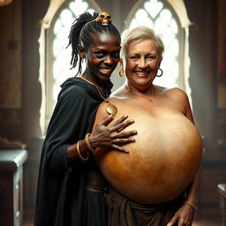 In a brightly lit medieval brothel room, a very short and malnourished 20-year-old African woman with deep black skin and reddish eyes stands, her expression filled with intense anger