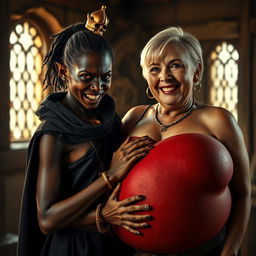 In a brightly lit medieval brothel room, a very short and malnourished 20-year-old African woman with deep black skin and reddish eyes stands, her expression filled with intense anger