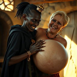 In a sunlit medieval brothel room, a very short and malnourished 20-year-old African woman with deep black skin and reddish eyes stands, her expression filled with intense anger