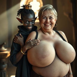 In a sunlit medieval brothel room, a very short and malnourished 20-year-old African woman with deep black skin and reddish eyes stands, her expression filled with intense anger