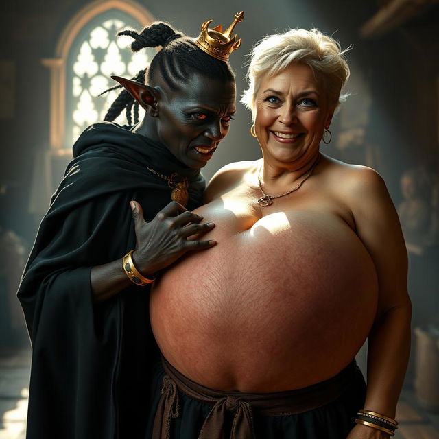 In a sunlit medieval brothel room, a very short and malnourished 20-year-old African woman with deep black skin and reddish eyes stands, her expression filled with intense anger