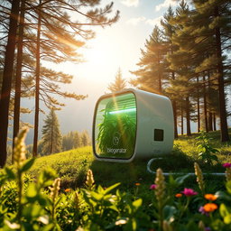 Design a biogenerator showcased against the stunning backdrop of Siberian nature, illuminated by vibrant rays of sunshine