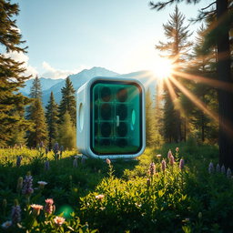Design a biogenerator showcased against the stunning backdrop of Siberian nature, illuminated by vibrant rays of sunshine