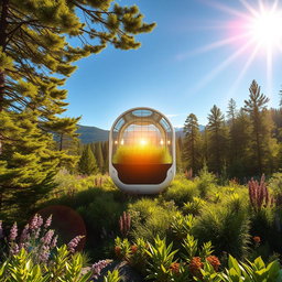 Design a biogenerator showcased against the stunning backdrop of Siberian nature, illuminated by vibrant rays of sunshine