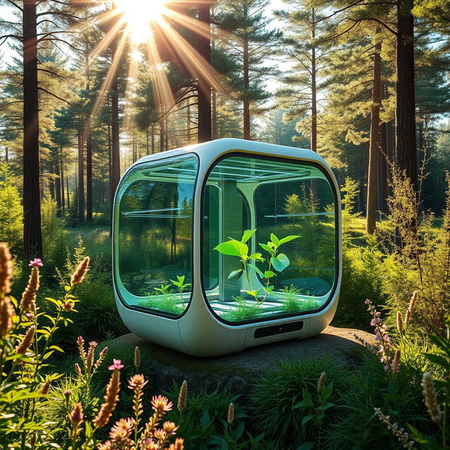 Design a biogenerator showcased against the stunning backdrop of Siberian nature, illuminated by vibrant rays of sunshine