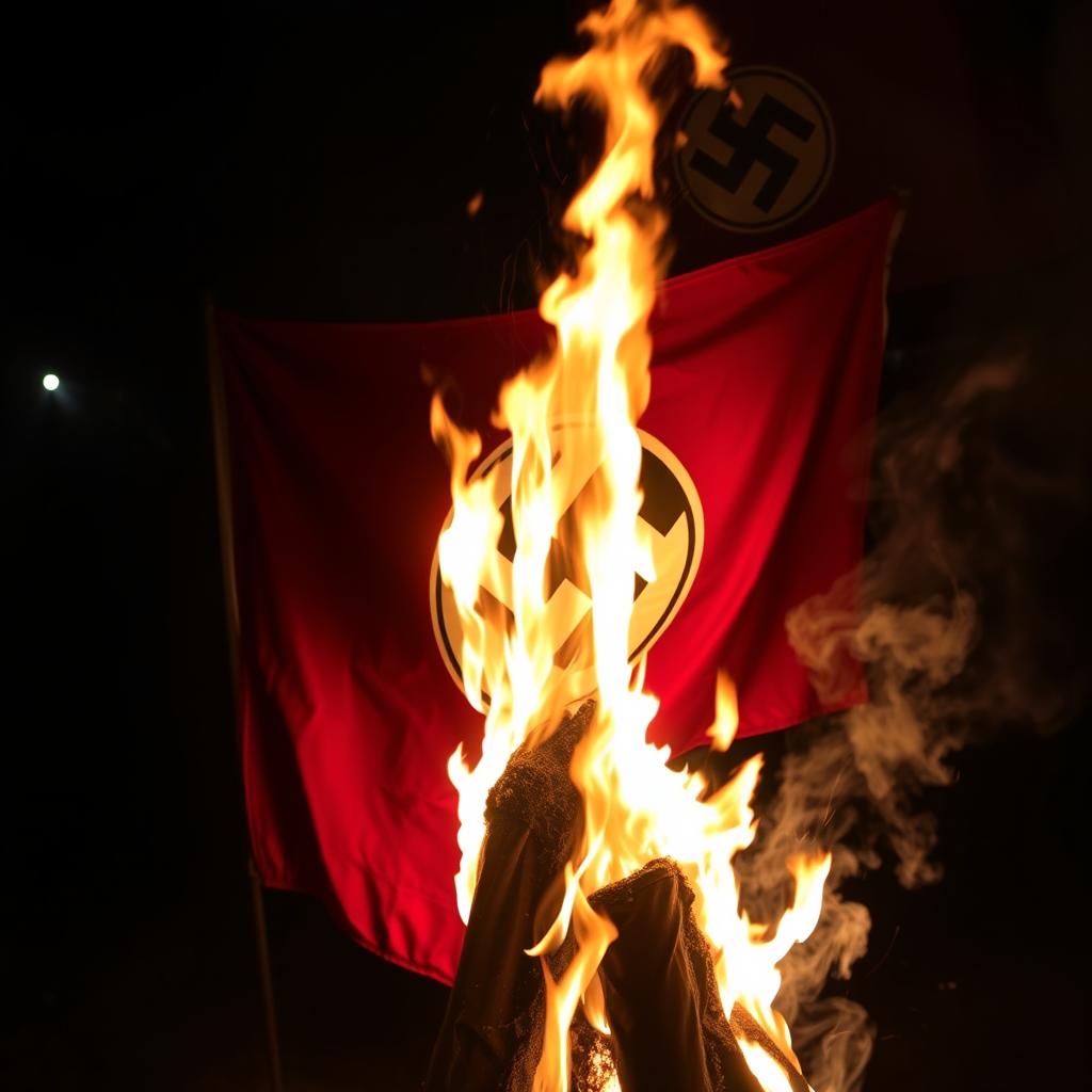 A dramatic scene capturing the moment a Nazi flag is set ablaze, with bright flames licking at the fabric, illuminating the darkness around it
