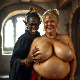 In a brightly lit medieval brothel room, a very short and malnourished 20-year-old African woman with deep black skin and reddish eyes stands, her face contorted with intense anger