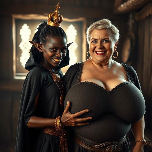 In a brightly lit medieval brothel room, a very short and malnourished 20-year-old African woman with deep black skin and reddish eyes stands, her face contorted with intense anger