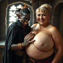 In a brightly lit medieval brothel room, a very short and malnourished 20-year-old African woman with deep black skin and reddish eyes stands, her face contorted with intense anger