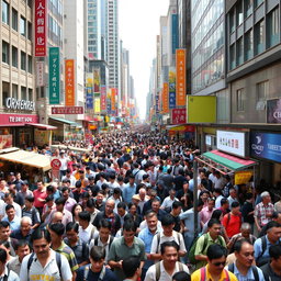 A bustling city scene completely filled with people, showcasing a vibrant urban environment with no empty spaces