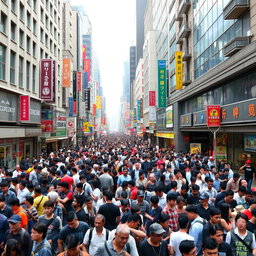 A bustling city scene completely filled with people, showcasing a vibrant urban environment with no empty spaces
