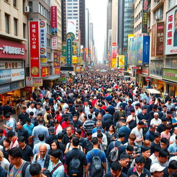 A bustling city scene completely filled with people, showcasing a vibrant urban environment with no empty spaces
