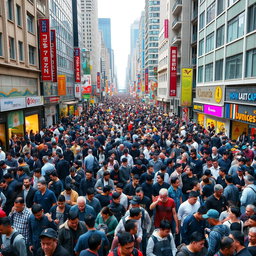 A bustling city scene completely filled with people, showcasing a vibrant urban environment with no empty spaces
