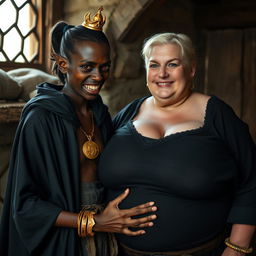 In a daylight-filled medieval brothel room, a very short and malnourished 20-year-old African woman with deep black skin and reddish eyes stands with an expression of intense anger