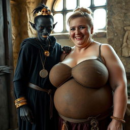 In a daylight-filled medieval brothel room, a very short and malnourished 20-year-old African woman with deep black skin and reddish eyes stands with an expression of intense anger