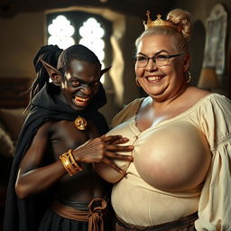 In a brightly lit medieval brothel room, a very short and malnourished 20-year-old African woman with deep black skin and reddish eyes stands, her face twisted with intense anger