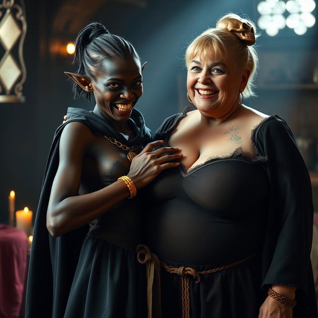 In a brightly lit medieval brothel room, a very short and malnourished 20-year-old African woman with deep black skin and reddish eyes stands, her face twisted with intense anger