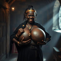 In a brightly illuminated medieval brothel room, a very short and malnourished 20-year-old African woman with deep black skin and reddish eyes stands with a fierce expression of anger