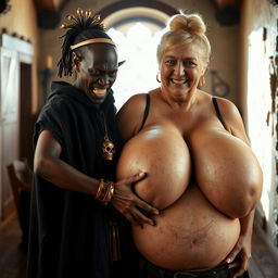 In a brightly illuminated medieval brothel room, a very short and malnourished 20-year-old African woman with deep black skin and reddish eyes stands with a fierce expression of anger