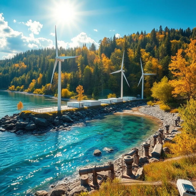 Design a captivating scene featuring a tidal and wave energy installation set against the stunning backdrop of Siberian nature