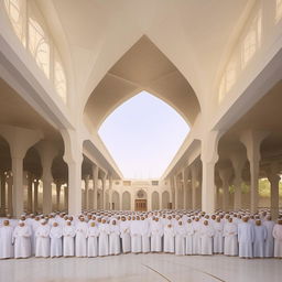 96 brothers standing together in a beautiful Islamic architectural compound. All are dressed in traditional Islamic attire, portraying unity and brotherhood.