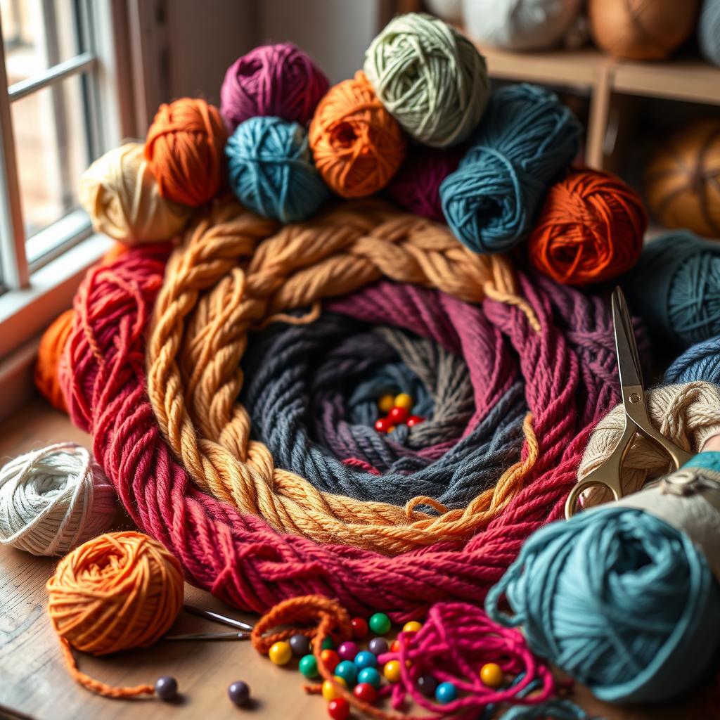 A beautifully arranged collection of yarn balls and craft supplies inspired by the Fibonacci sequence, featuring spirals and patterns that reflect Fibonacci numbers